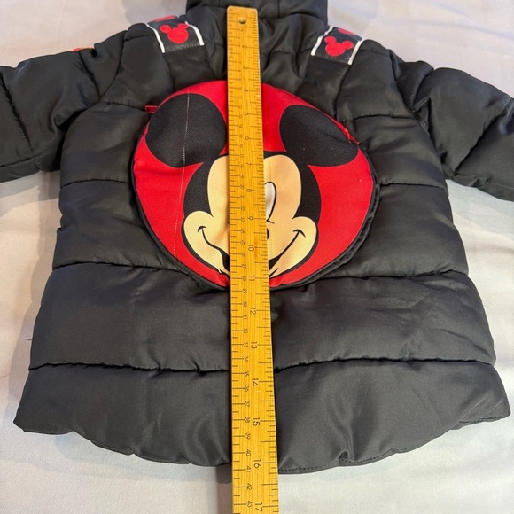 Disney Winter Coat & Mickey Stuffy, Kids Black Red Hooded Puffer Backpack Sz 2T - Picture 12 of 16